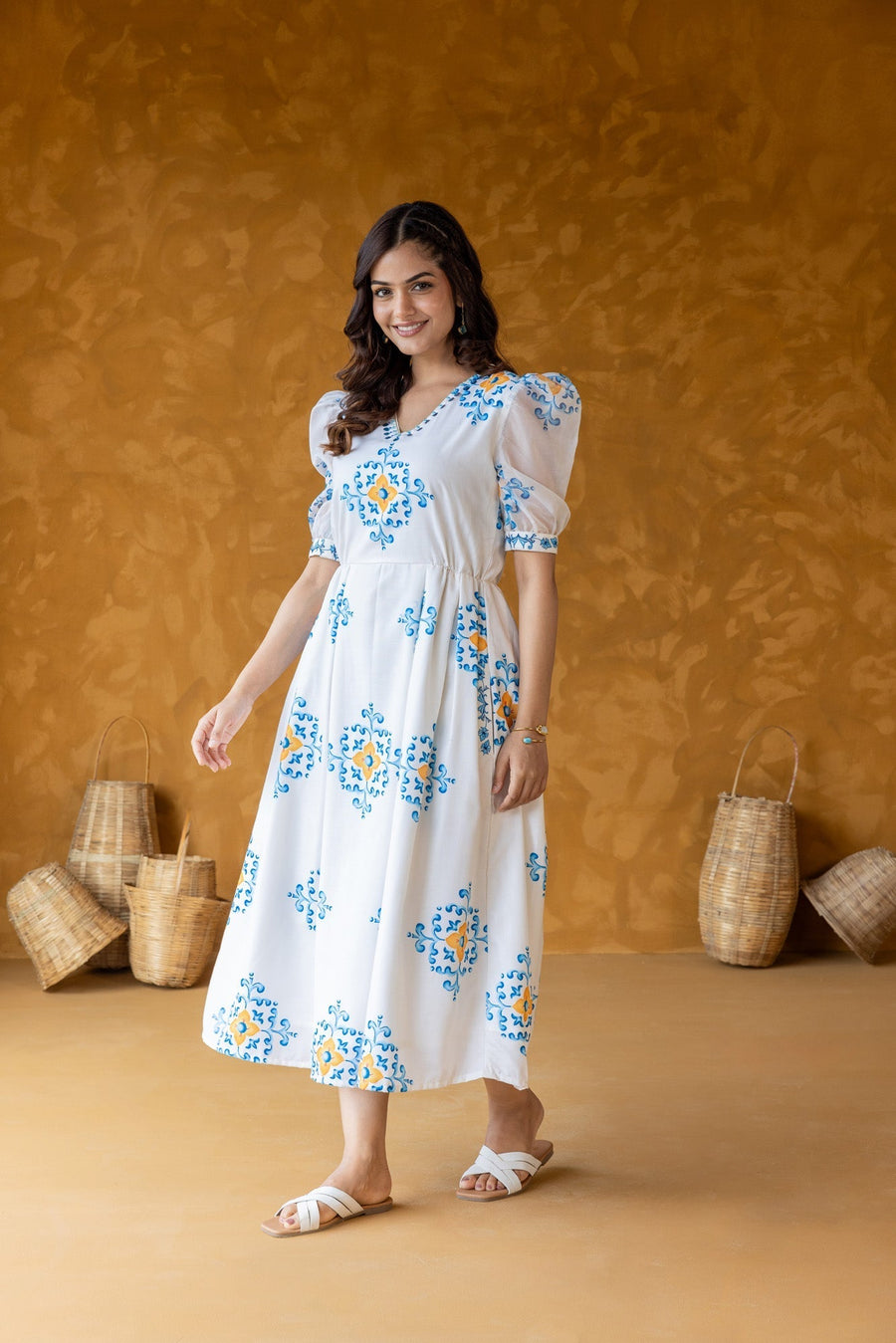 Printed Midi Dress with Puff