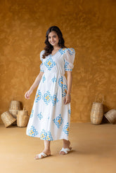 Printed Midi Dress with Puff