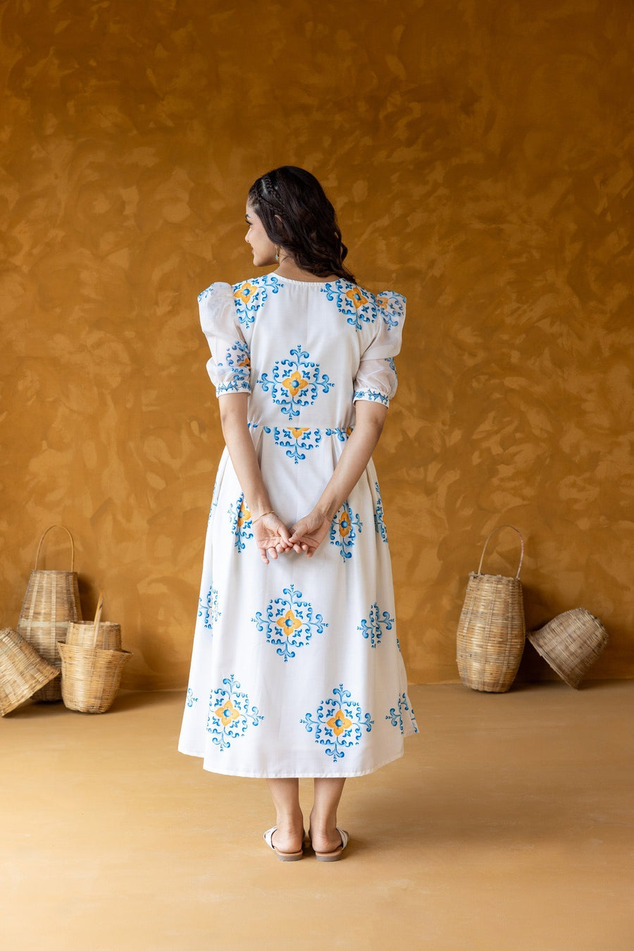 Printed Midi Dress with Puff Sleeves