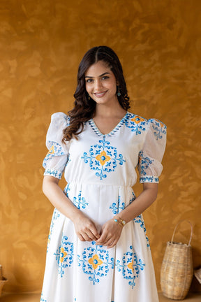 Printed Midi Dress with Puff