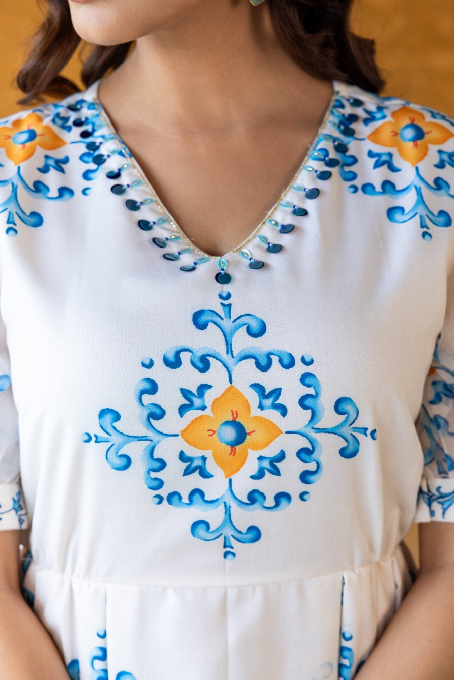 Printed Midi Dress with Puff Sleeves