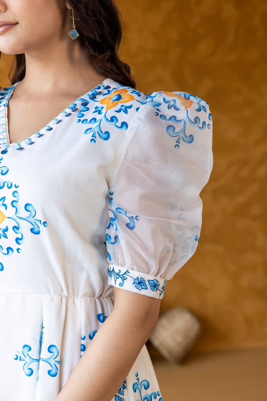 Printed Midi Dress with Puff Sleeves