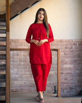 Red Poplin Cotton Embroidered Two Piece Co-Ord Set