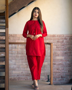 Red Poplin Cotton Embroidered Two Piece Co-Ord Set