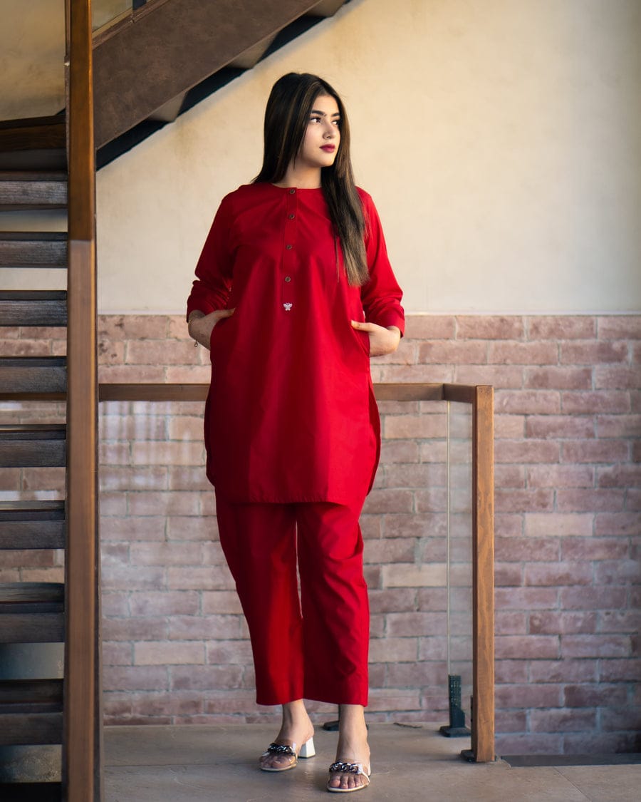 Red Poplin Cotton Embroidered Two Piece Co-Ord Set