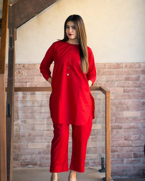 Red Poplin Cotton Embroidered Two Piece Co-Ord Set