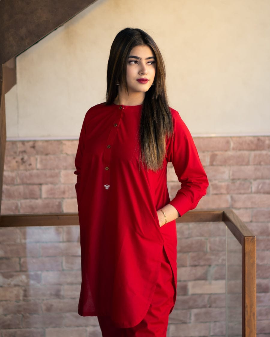 Red Poplin Cotton Embroidered Two Piece Co-Ord Set