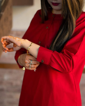 Red Poplin Cotton Embroidered Two Piece Co-Ord Set