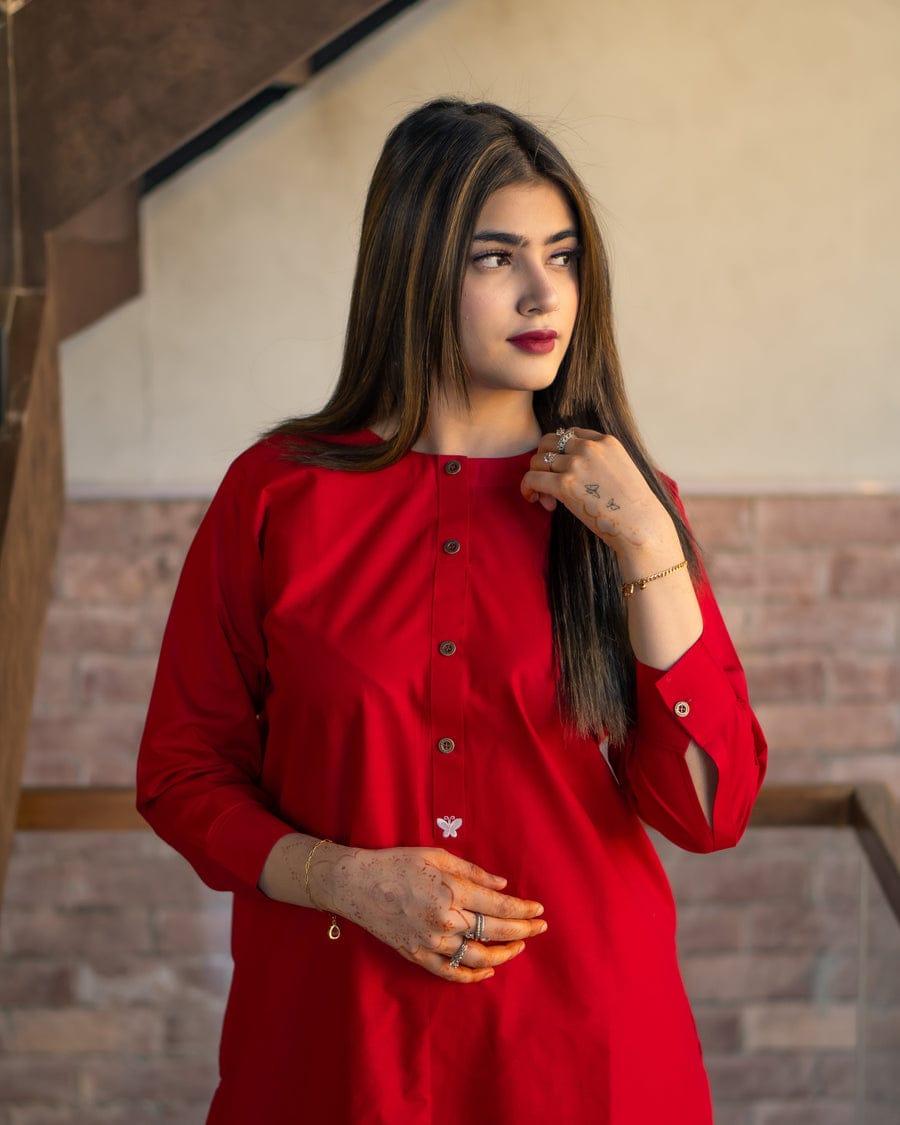 Red Poplin Cotton Embroidered Two Piece Co-Ord Set