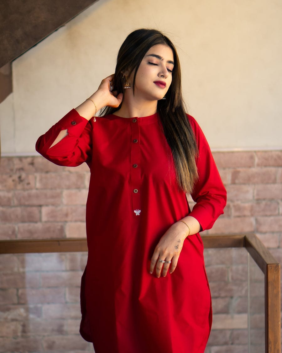 Red Poplin Cotton Embroidered Two Piece Co-Ord Set
