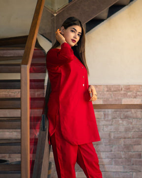 Red Poplin Cotton Embroidered Two Piece Co-Ord Set