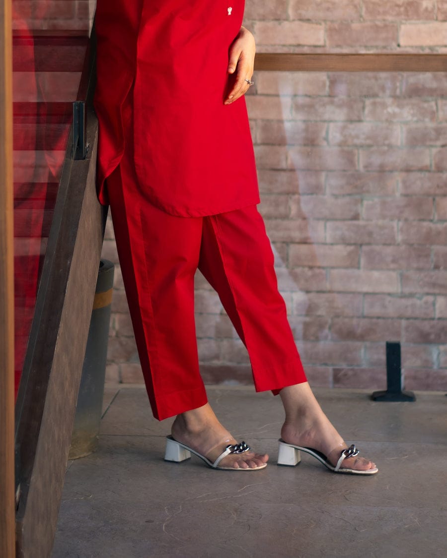 Red Poplin Cotton Embroidered Two Piece Co-Ord Set