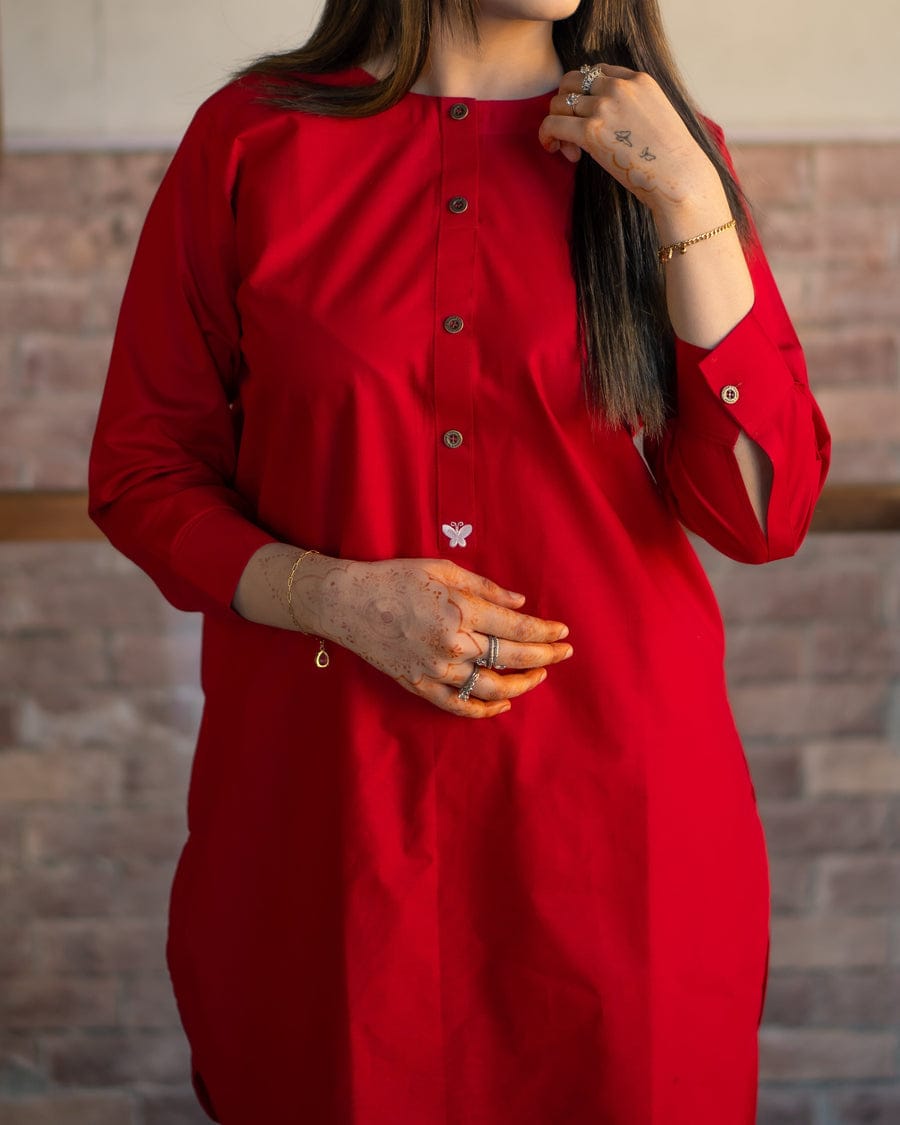 Red Poplin Cotton Embroidered Two Piece Co-Ord Set