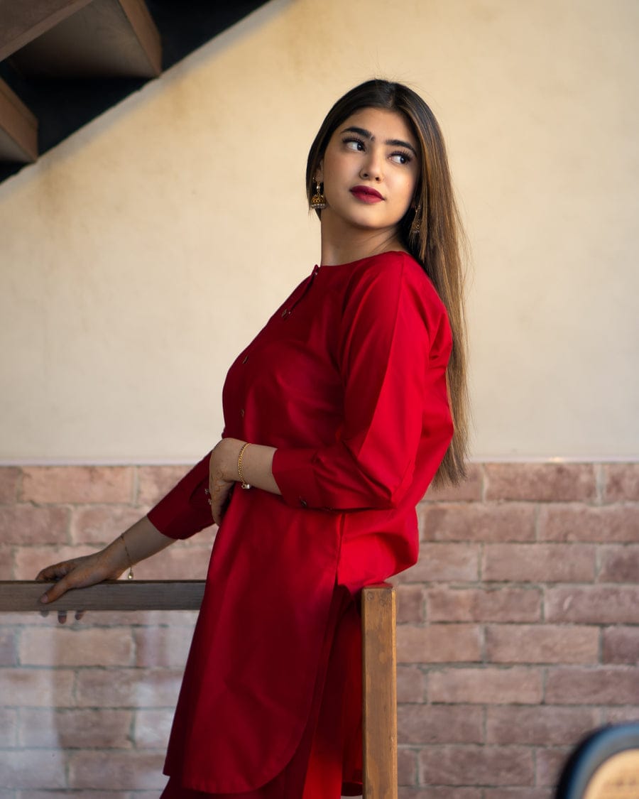 Red Poplin Cotton Embroidered Two Piece Co-Ord Set